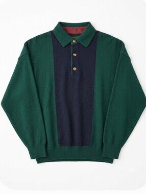 Bison Club Scandinavia Wool Blend Henley Sweater Green Navy Vintage